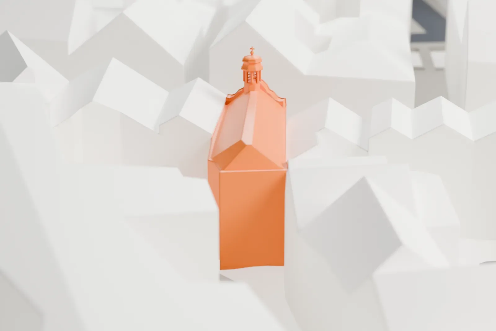 A white 3D print of the Asam Church, a narrow Baroque church with a curved facade, set in a row of Munich buildings.