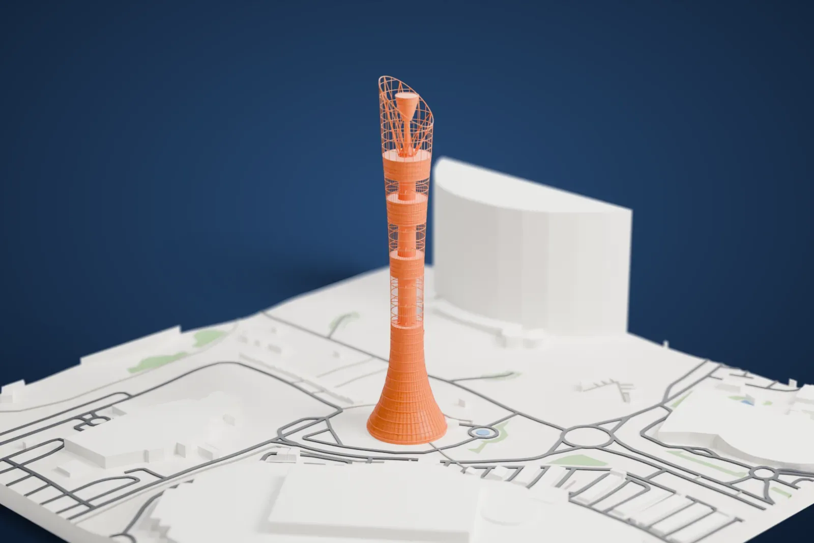 A white 3D print of the Aspire Tower, with its flared base, pinched shaft and open crown, among the surrounding city.
