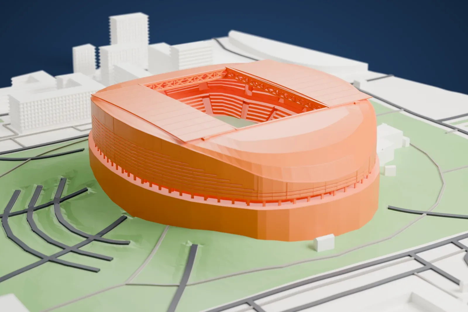 A white 3D print of Astana Arena, a wide ellipse with a rectangular roof opening and stepped glazing bands, among the surrounding streets and buildings of Astana.