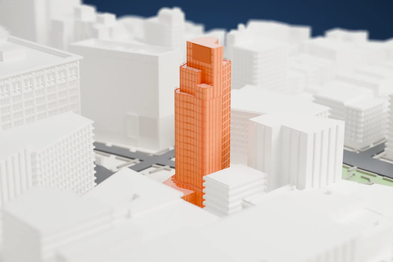 A white 3D print of Astor Place Tower, a slender curved tower with stepped upper levels, beside a small green park and older buildings.