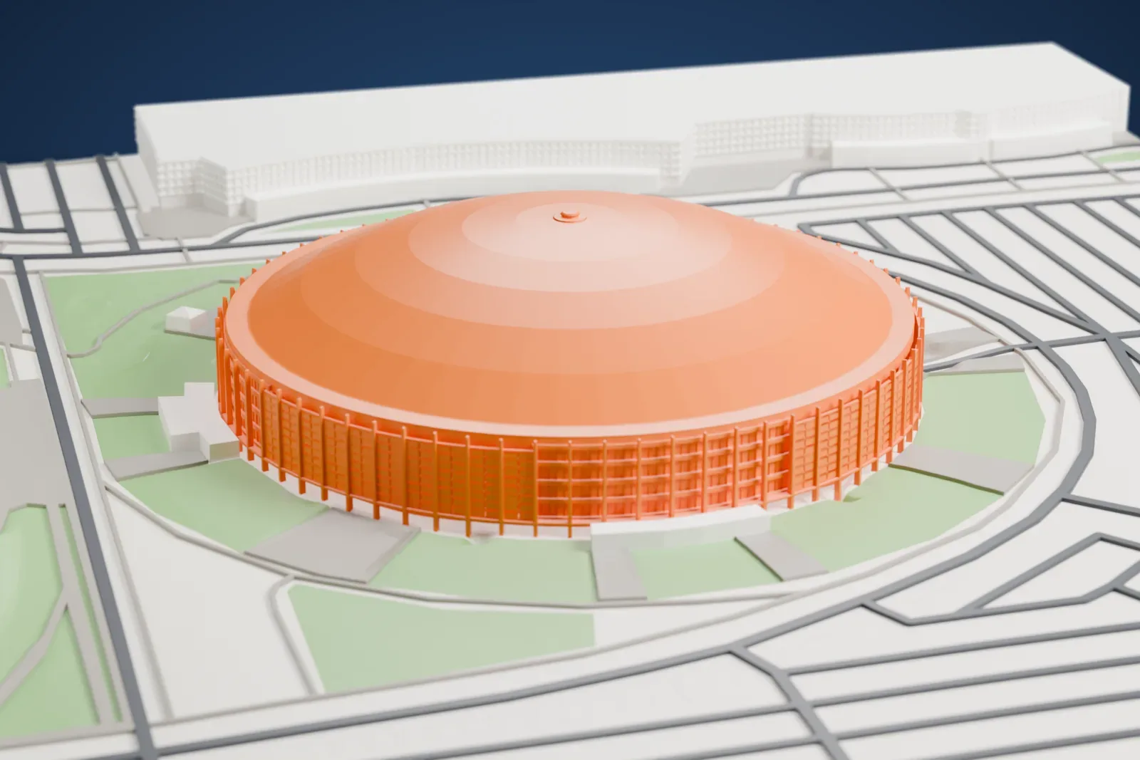A white 3D print of the Astrodome, a circular domed stadium with a shallow roof, among surrounding streets and buildings.