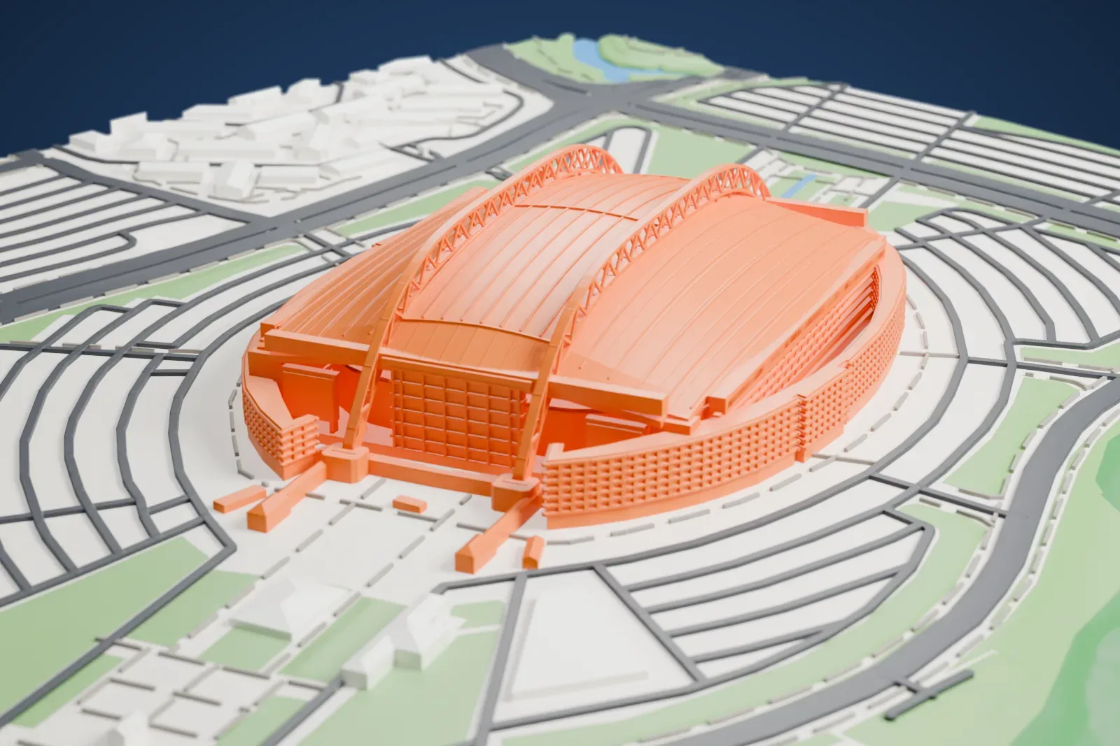 A white 3D print of AT&T Stadium, a domed stadium with two large lattice arches over a ribbed curved roof, surrounded by wide parking lots, roads and patches of green.