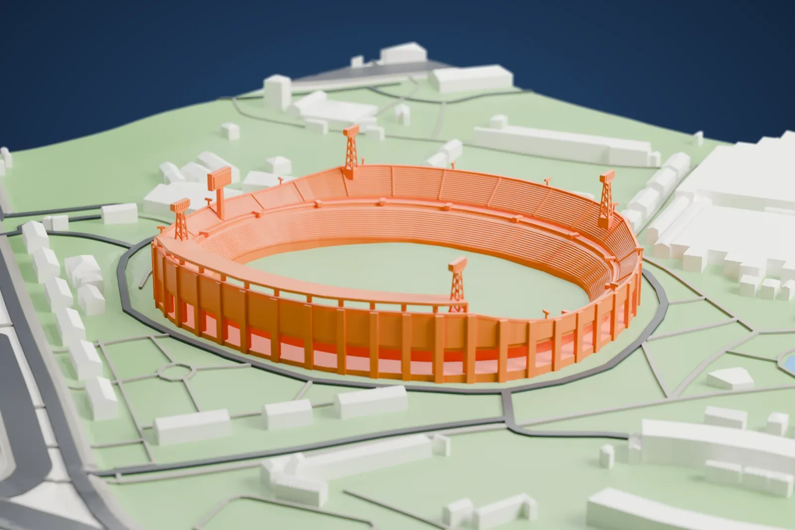 A white 3D print of the Atanasio Girardot Stadium in Medellín, showing the stands around the pitch and city buildings beyond.