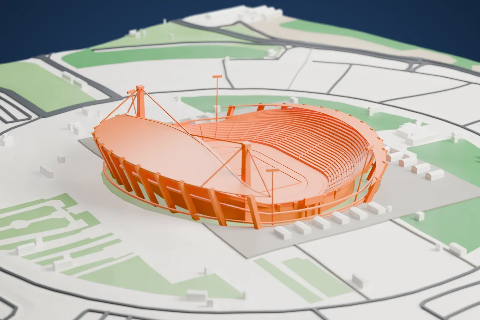 A white 3D print of the Atatürk Olympic Stadium, a low oval block, set among the surrounding streets and buildings of Istanbul.