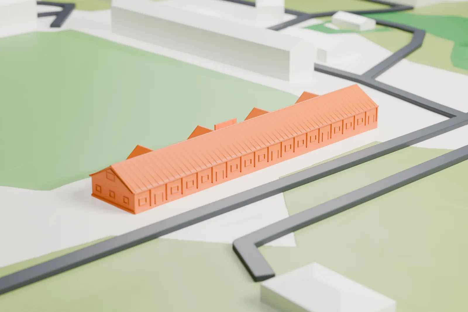 A white 3D print of ATCO Field among the surrounding fields and buildings.