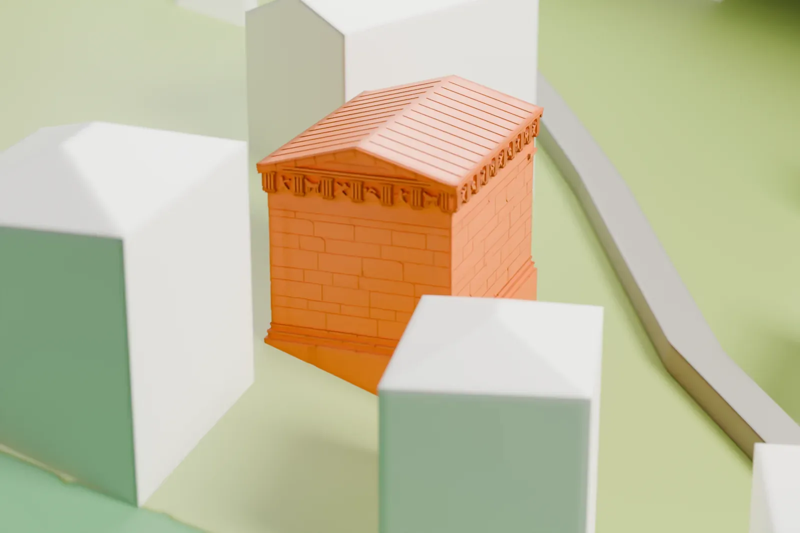A white 3D print of the Athenian Treasury, a small marble temple with two columns and a low pediment beside the Sacred Way below the Temple of Apollo.