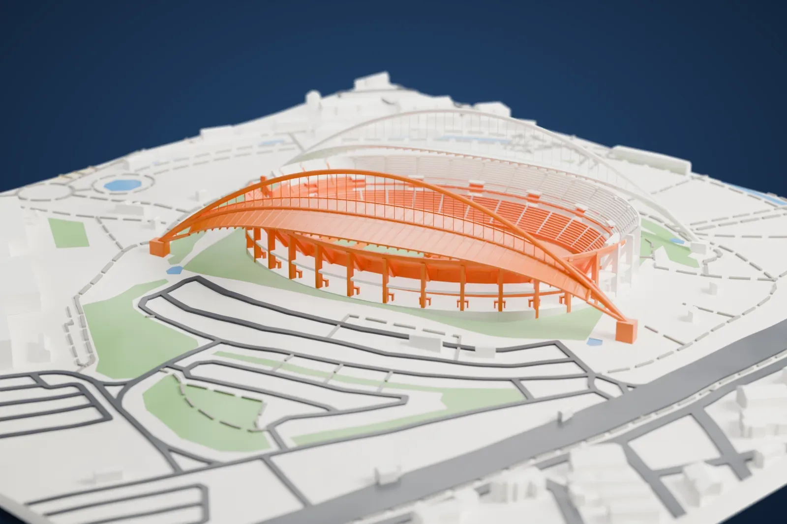 A white 3D print of the Athens Olympic Stadium, an oval stadium with two huge curved roof arches rising over the stands, surrounded by open paved ground, roads and low buildings.