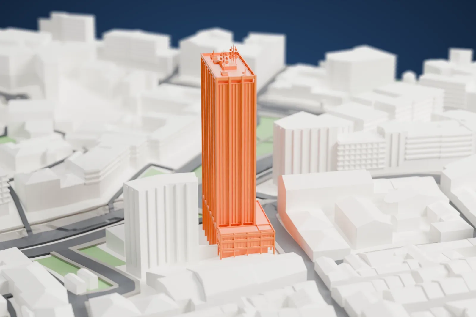 A white 3D print of the Athens Towers, a tall glass-and-marble slab beside a lower wing, among surrounding city buildings.