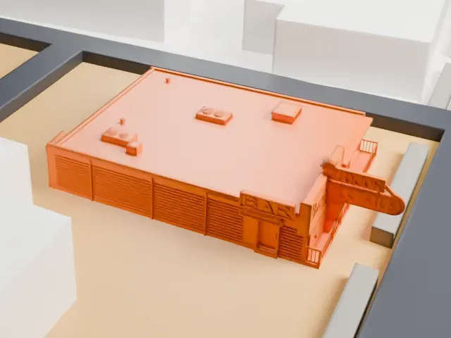 Atomic Liquors model, East view