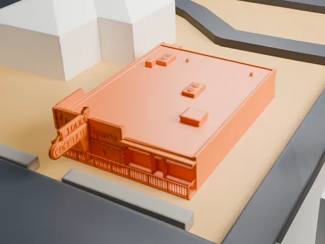 Atomic Liquors model, North view