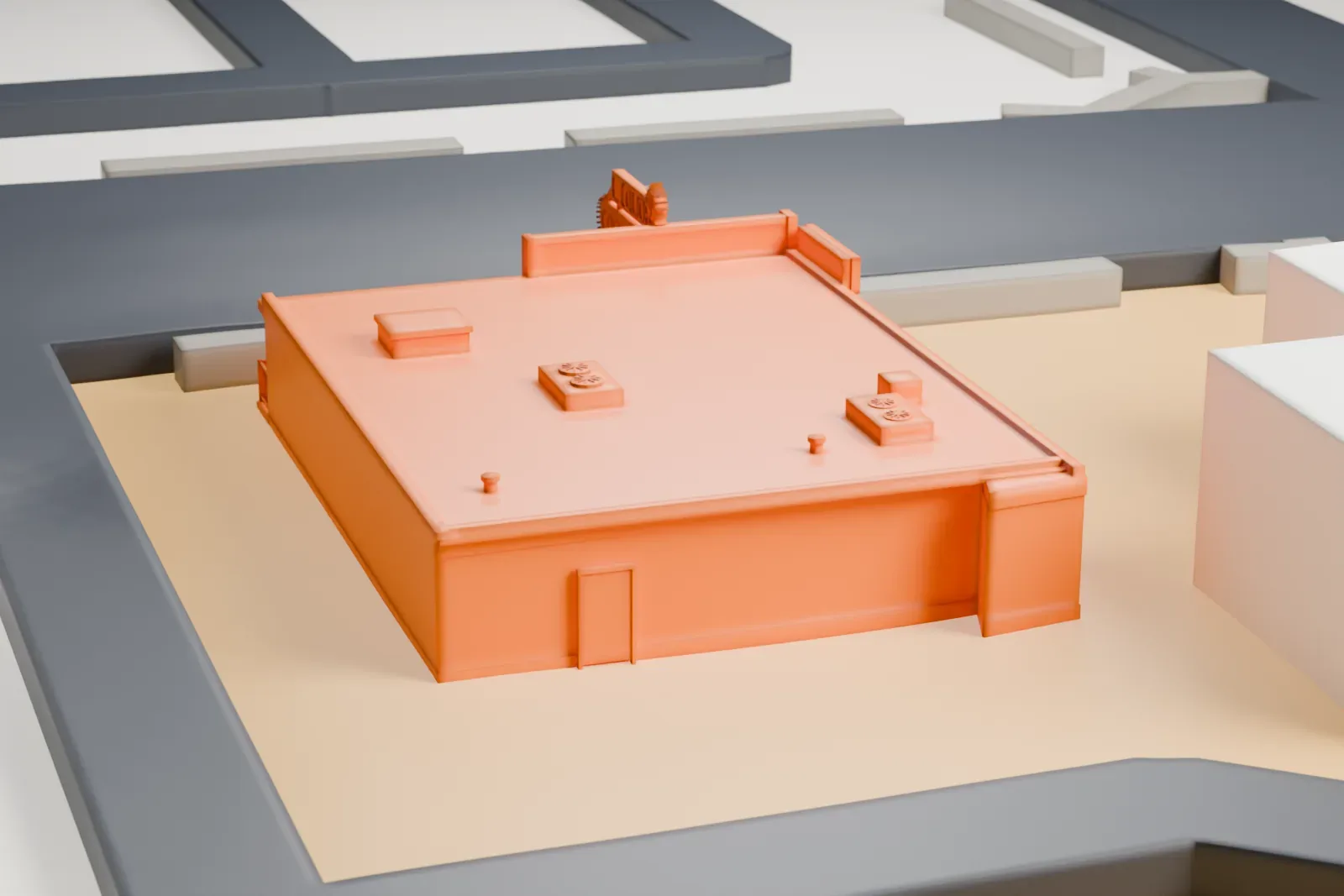 A white 3D print of Atomic Liquors, a small flat-roofed bar with signs at its front corner, beside roads and larger neighboring buildings.