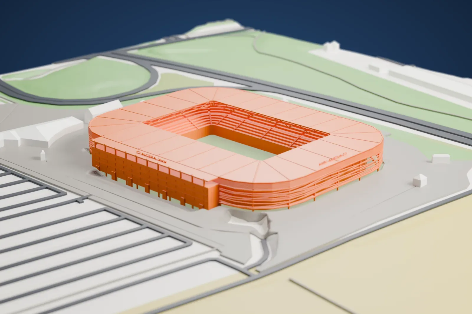 A white 3D print of the Augsburg Arena, a rounded stadium with a flat roof around an open center and a woven tube facade, among surrounding streets and buildings.