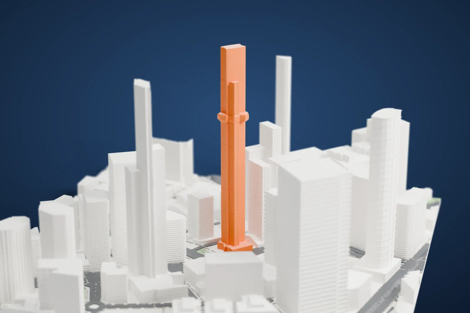 A white 3D print of Australia 108, a very tall, slender skyscraper with a projecting band partway up, standing among other high-rise buildings.