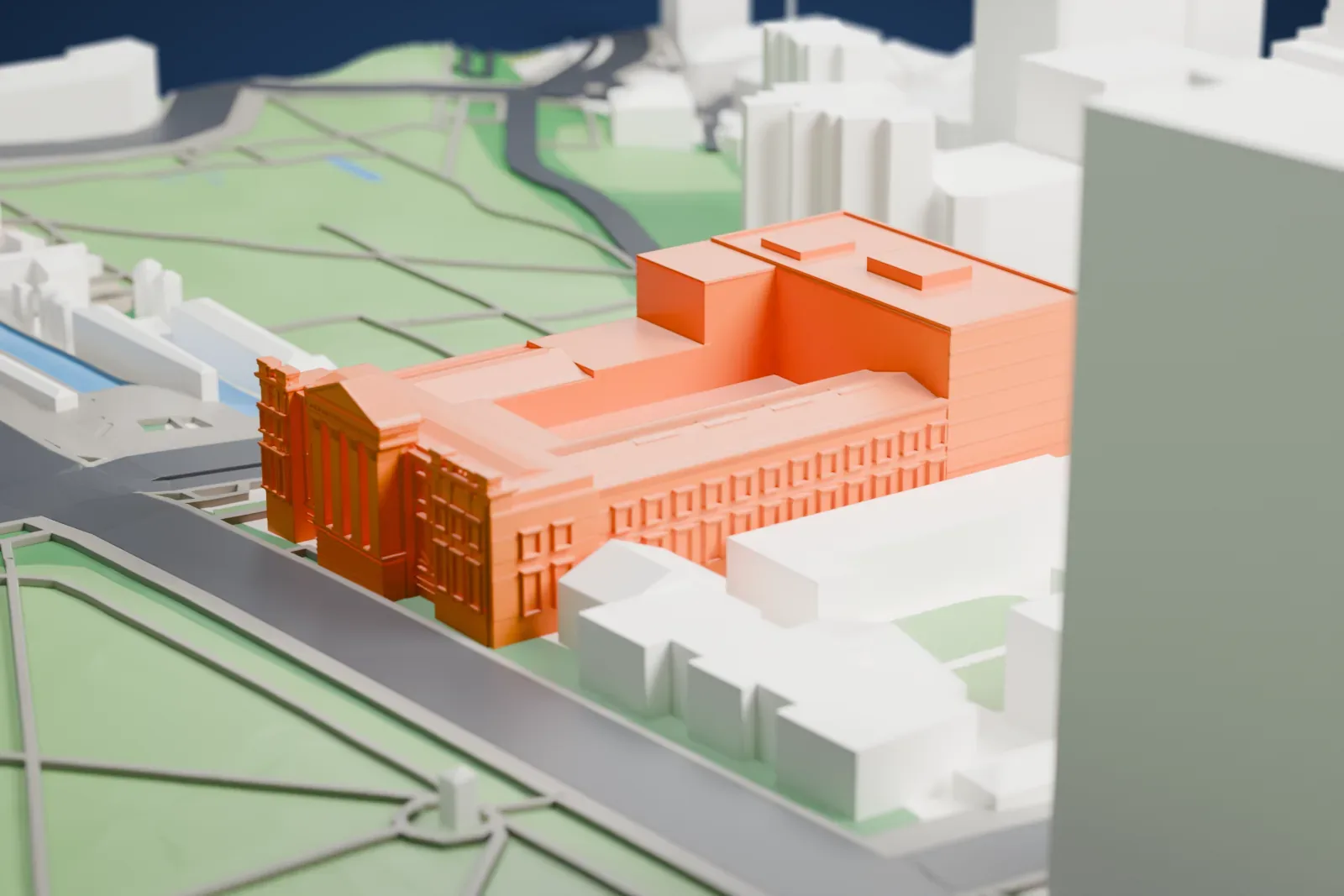 A white 3D print of the Australian Museum among the surrounding streets and buildings in Sydney.