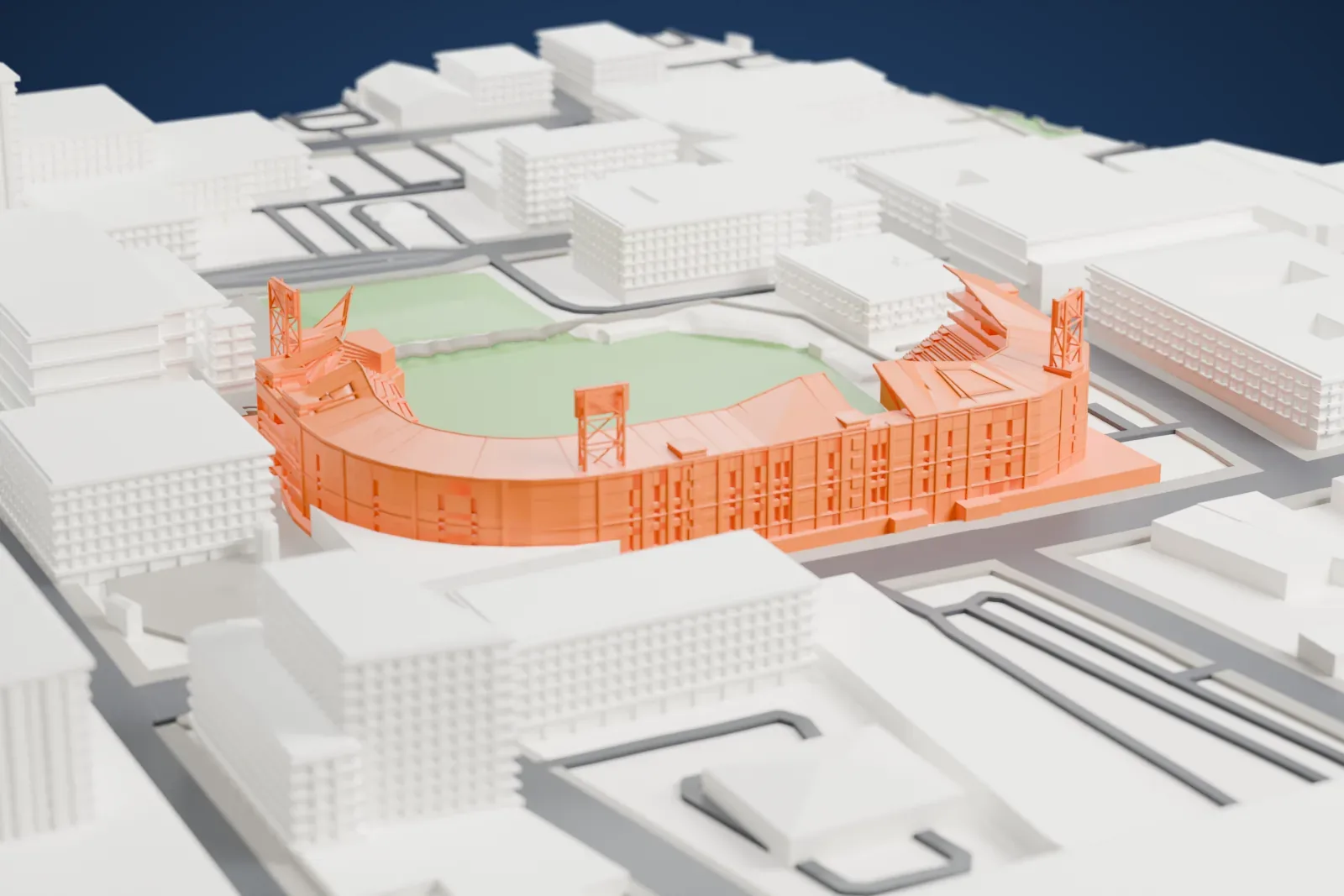 A white 3D print of AutoZone Park, a baseball stadium, surrounded by streets and buildings.