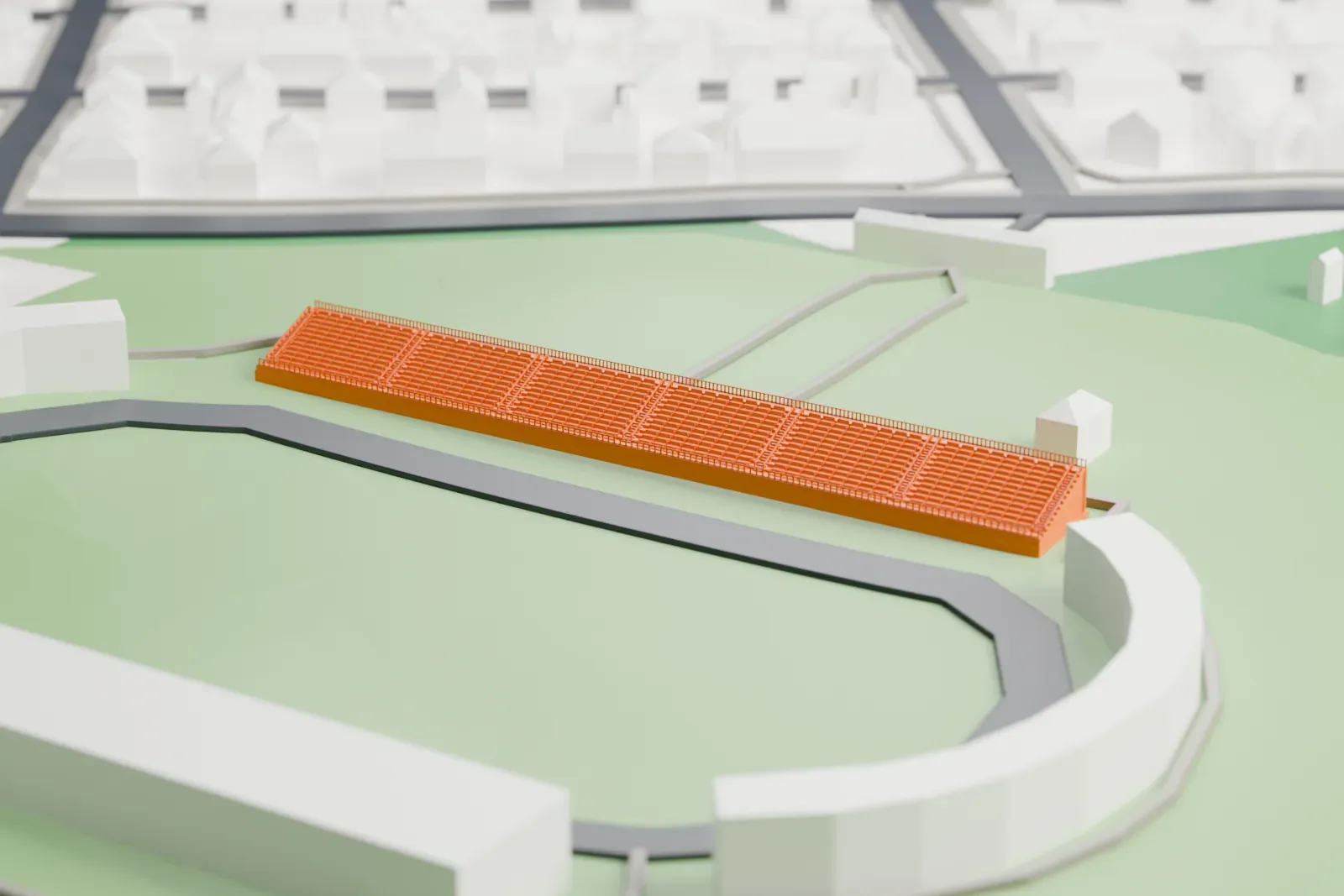 A white 3D print of Avanhard Stadium, an oval running track and pitch with a long, low stand along one side, set in grassy ground with buildings nearby.