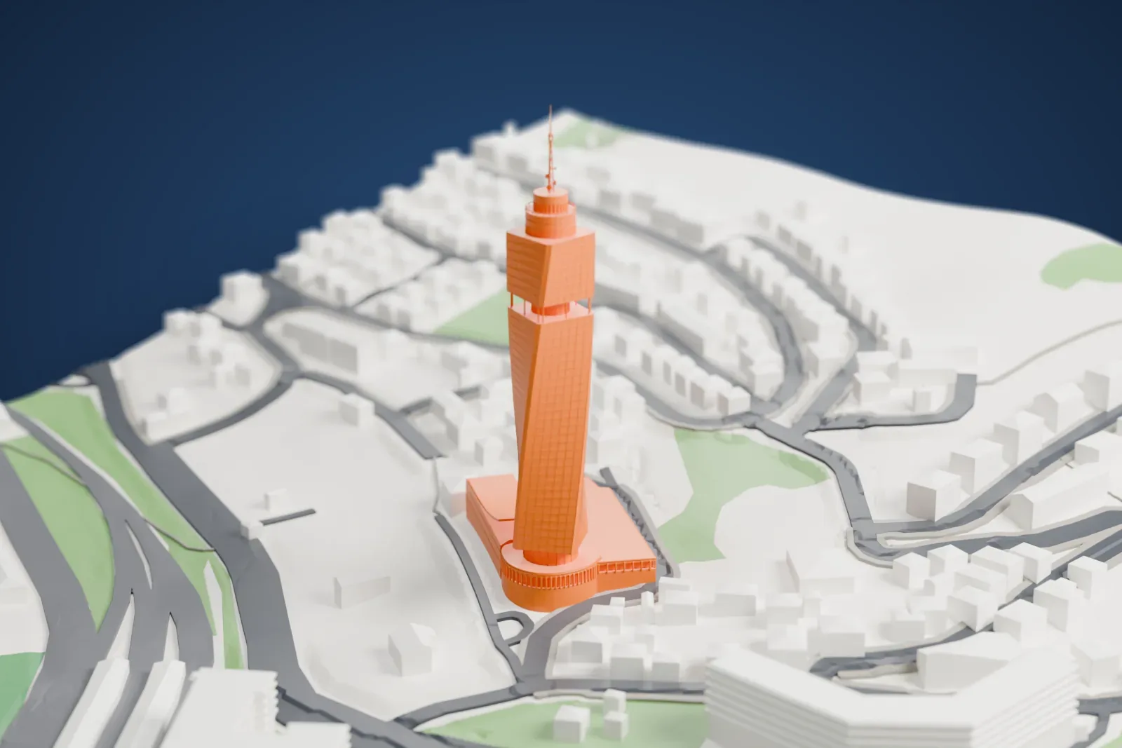 A white 3D print of the Avaz Twist Tower, a slender twisting tower with circular stepped crowns and a lattice antenna, among surrounding city buildings.