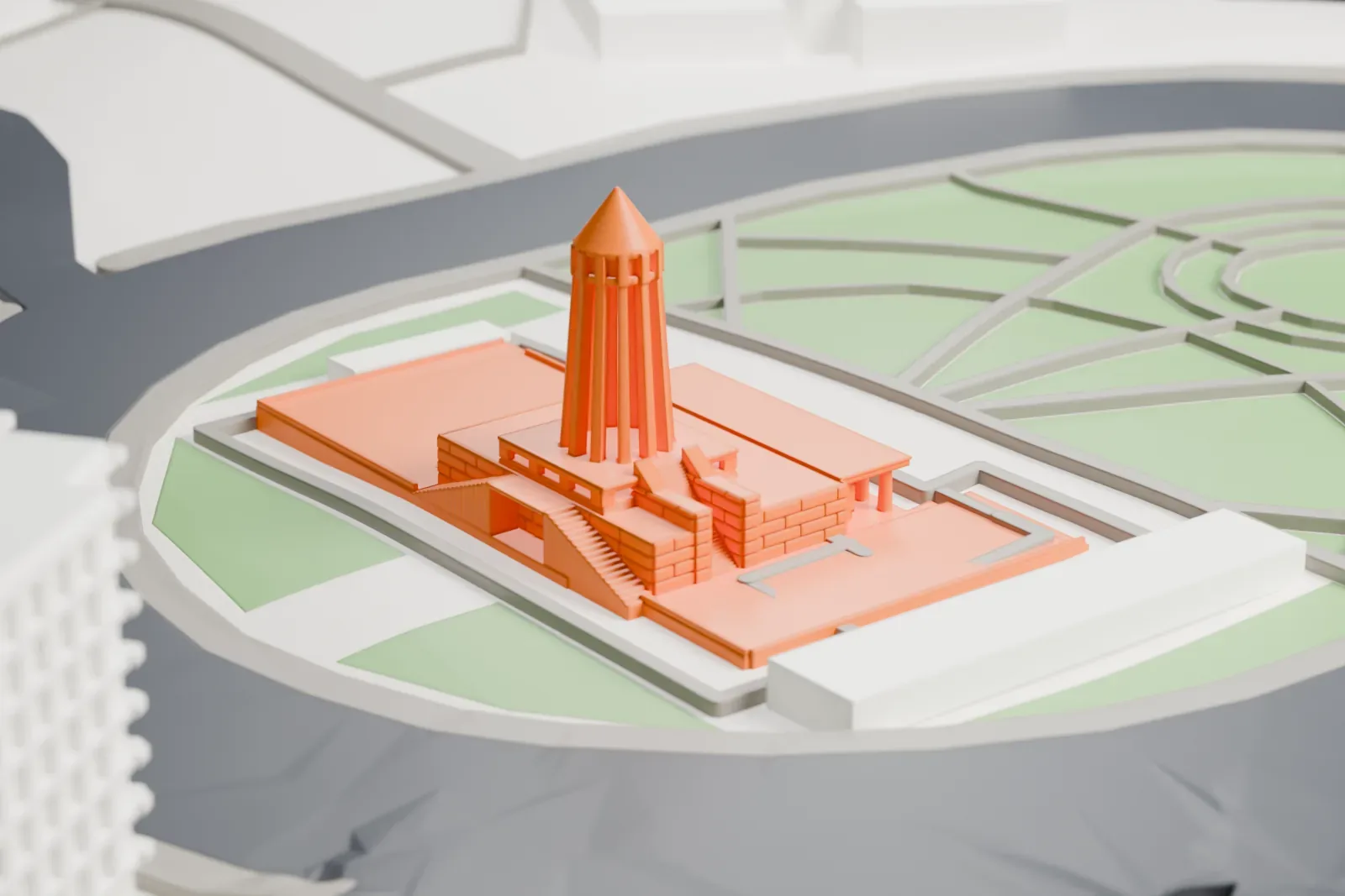 A white 3D print of the Avicenna Mausoleum, its ribbed tower rising from a broad platform with a columned portico, among surrounding buildings.