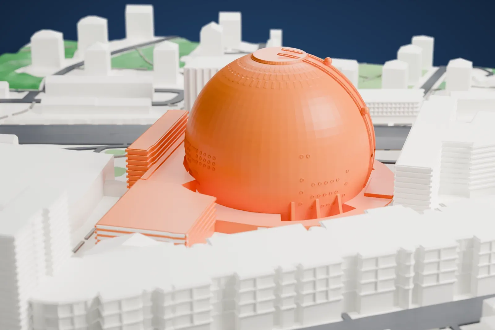 A white 3D print of Avicii Arena, a large globe on a low round base with two thin tracks up one side, surrounded by mid-rise buildings and roads in Stockholm.