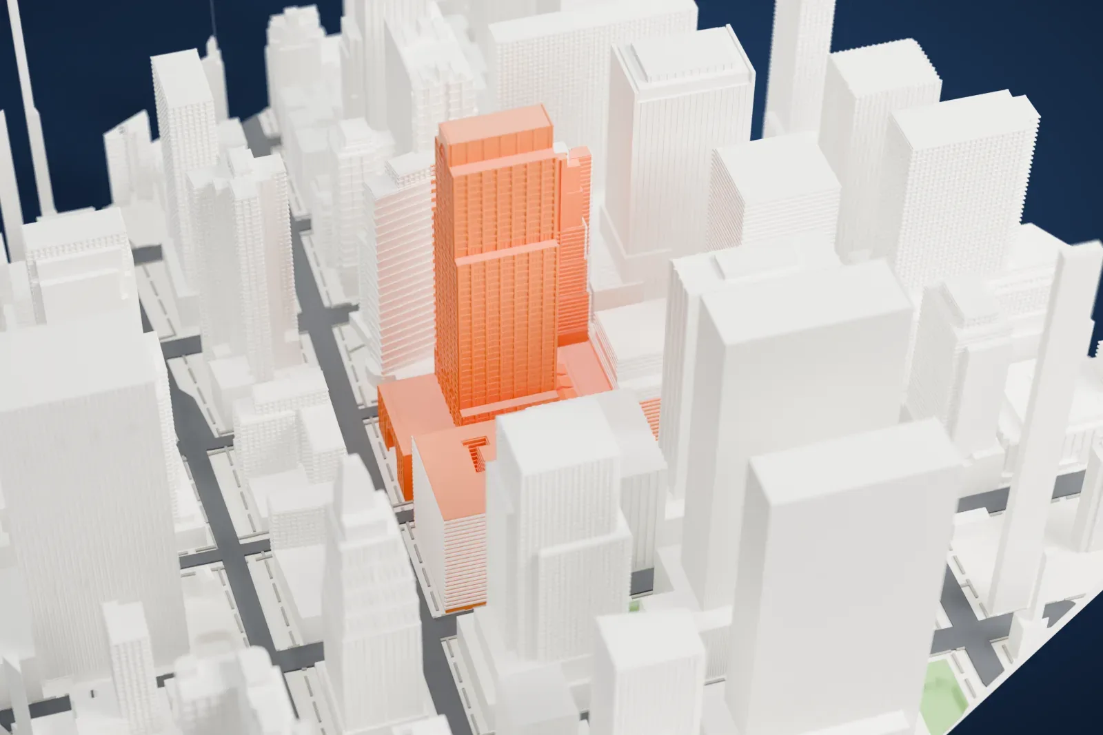 A white 3D print of the Axa Equitable Center, a tall stepped tower with an arched window near the top, among dense neighboring towers.