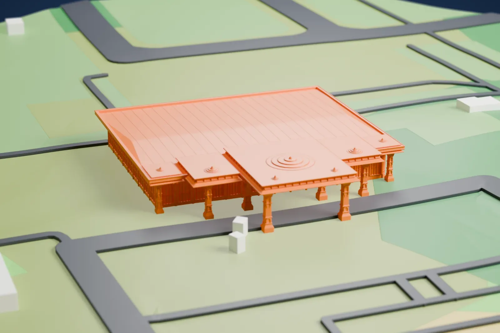 A white 3D print of the Ayodhya Airport Terminal, a low terminal with stepped roof crowns, an open columned entrance and a broad roof, on the airport ground.