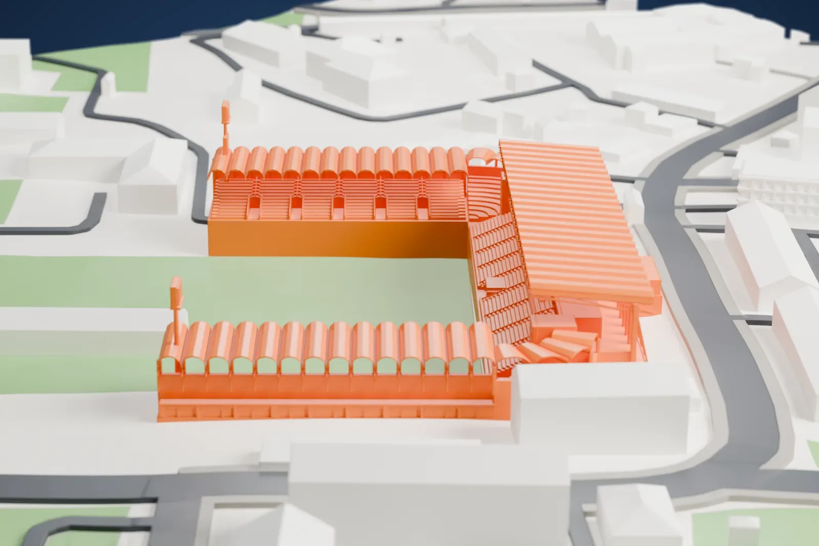 A white 3D print of the Azersun Arena, with its covered stands and open end, among surrounding streets and buildings.