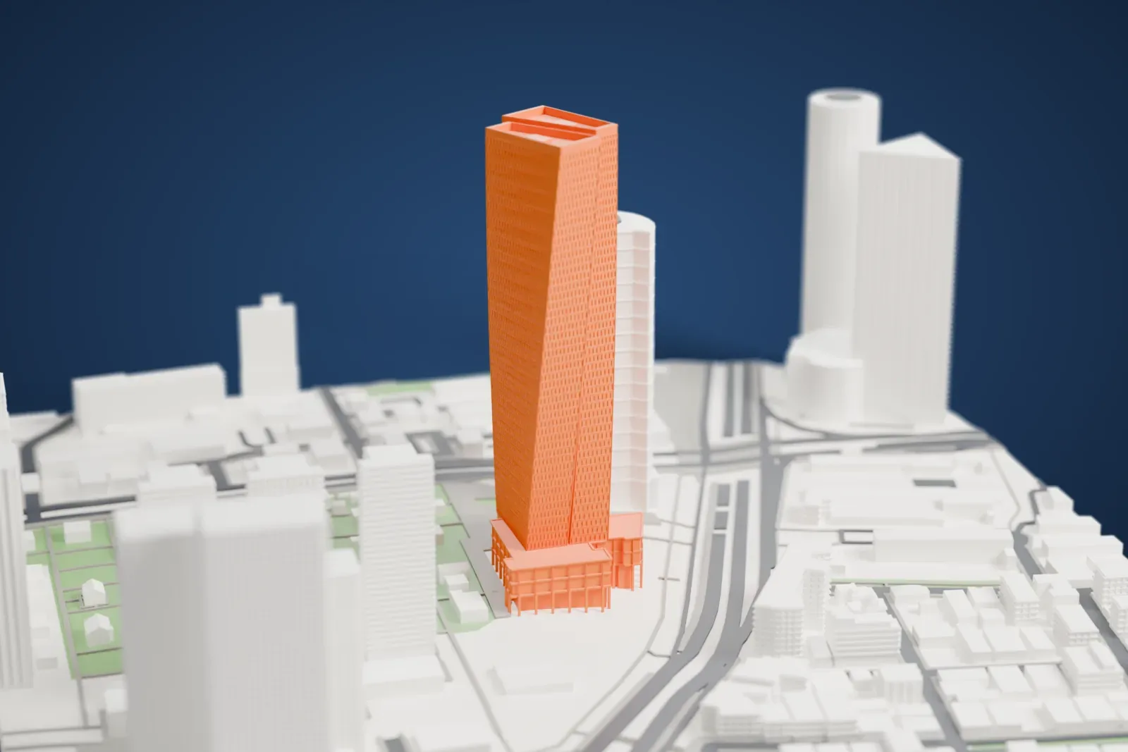 A white 3D print of the Azrieli Sarona Tower, a tall twisting tower on a stepped base, among surrounding streets and buildings.