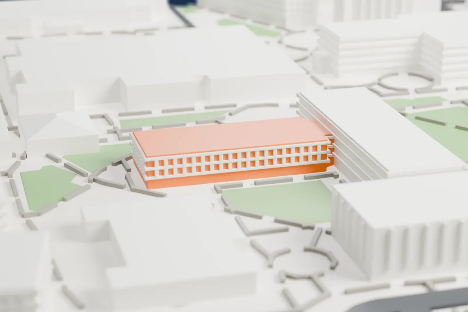 A white 3D print of the B. B. Moeur Activity Building, a low, wide building with a flat roof and notched ends, set among campus paths, lawns and larger buildings.