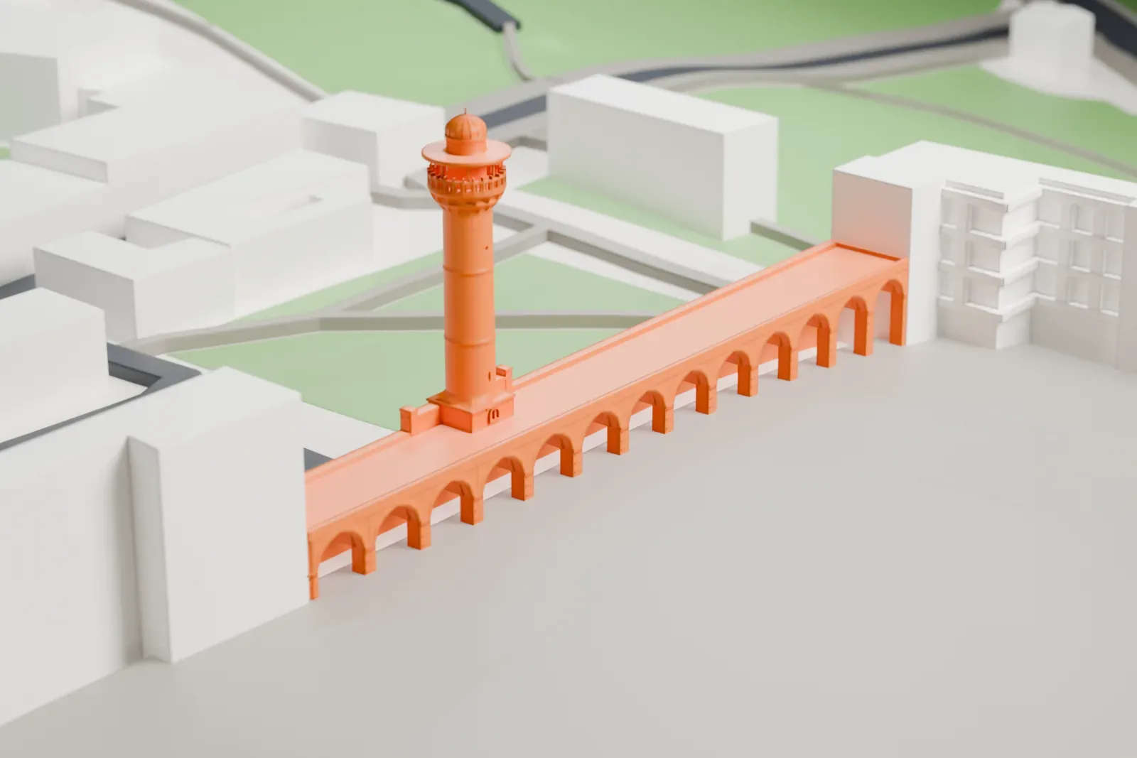 A white 3D print of the Bab al-Asbat Minaret, a slender round minaret with a balcony and a small dome rising from a long arcaded wall, with buildings and a wide open area around it.