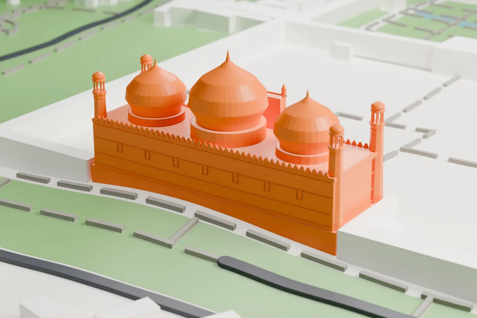 A white 3D print of the Badshahi Mosque, with three domes and four slender minarets, beside a walled courtyard, green lawns and low buildings.