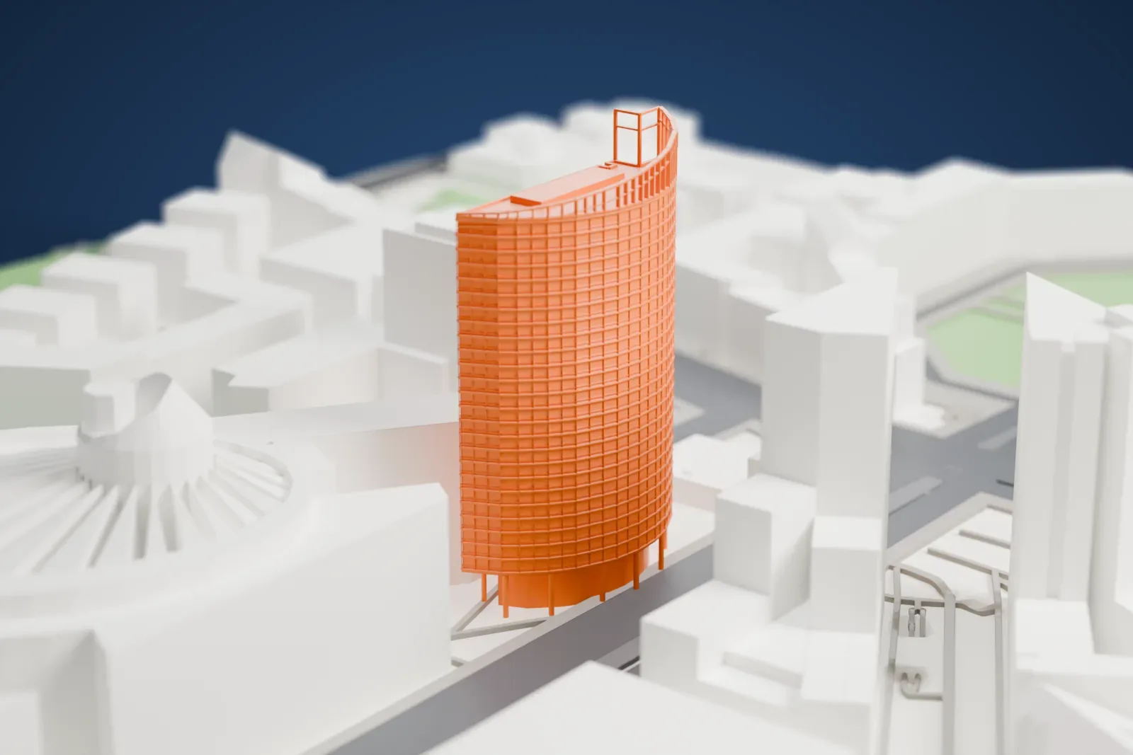 A white 3D print of the Bahntower, a tall office tower standing among the surrounding city blocks.