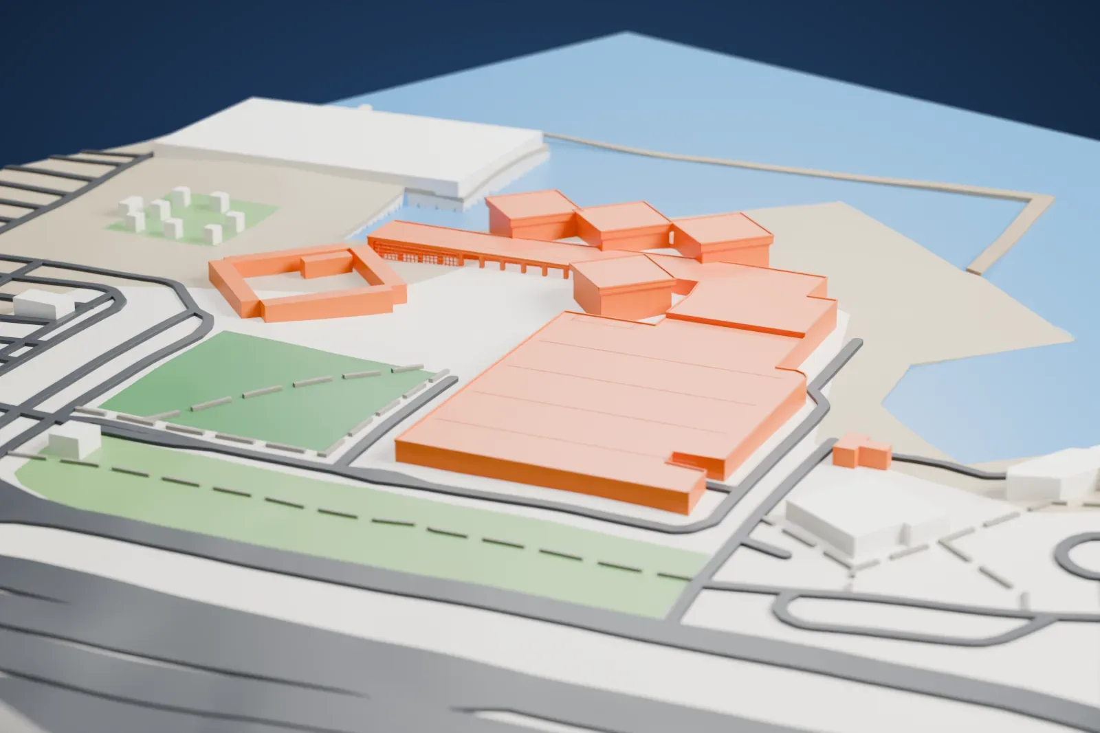 A white 3D print of the Bahrain National Museum, a low complex with a large main block and four small pavilions, beside an inlet of water and open ground.