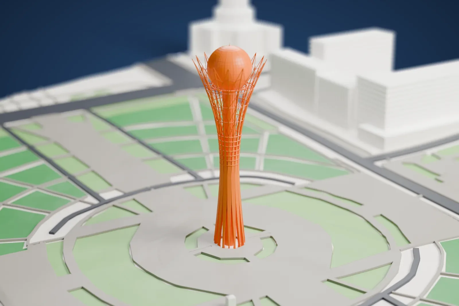 A white 3D print of the Baiterek monument, a slender white tower that opens into branch-like ribs holding a sphere, standing on its plaza among city buildings.