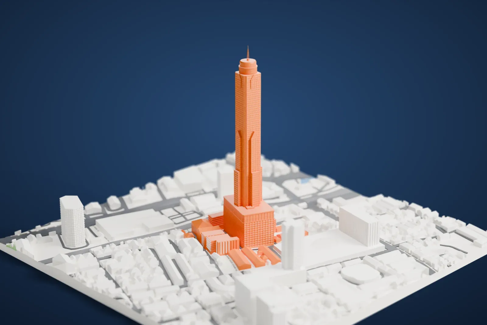 A white 3D print of Baiyoke Tower II, a tall stepped tower with a slim antenna rising from a wide base, surrounded by low Bangkok buildings and roads.