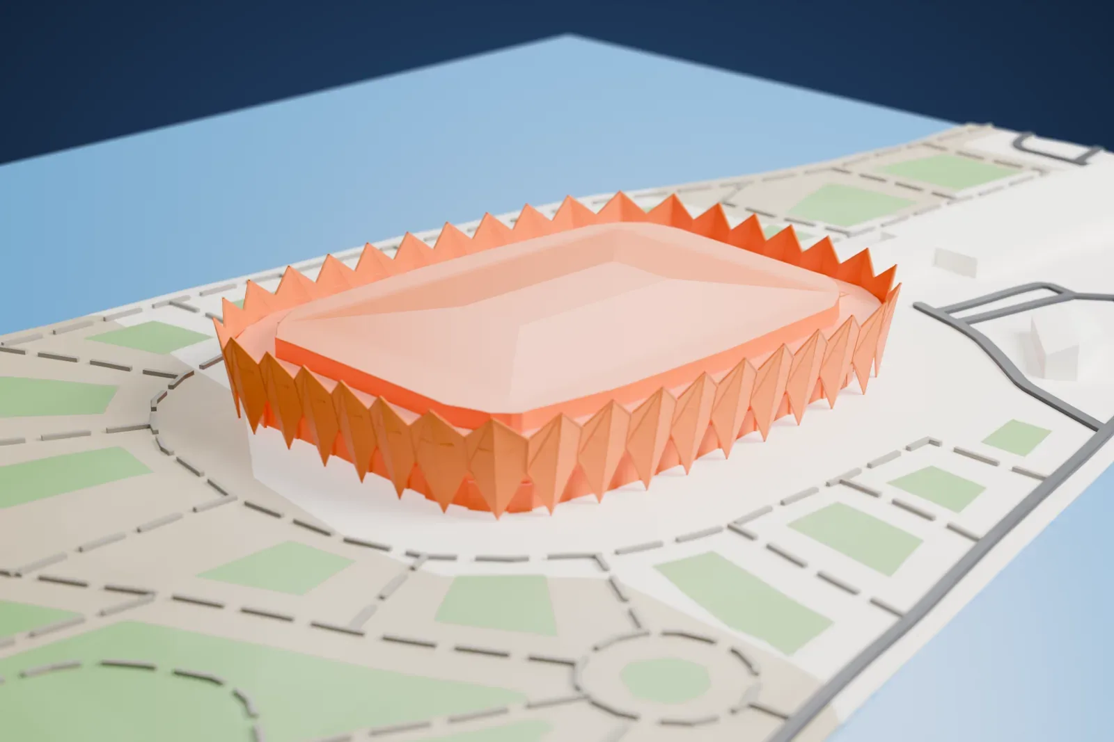 A white 3D print of Baku Crystal Hall, a low hall ringed by a zigzag crown of leaning diamond panels, among surrounding streets and buildings.