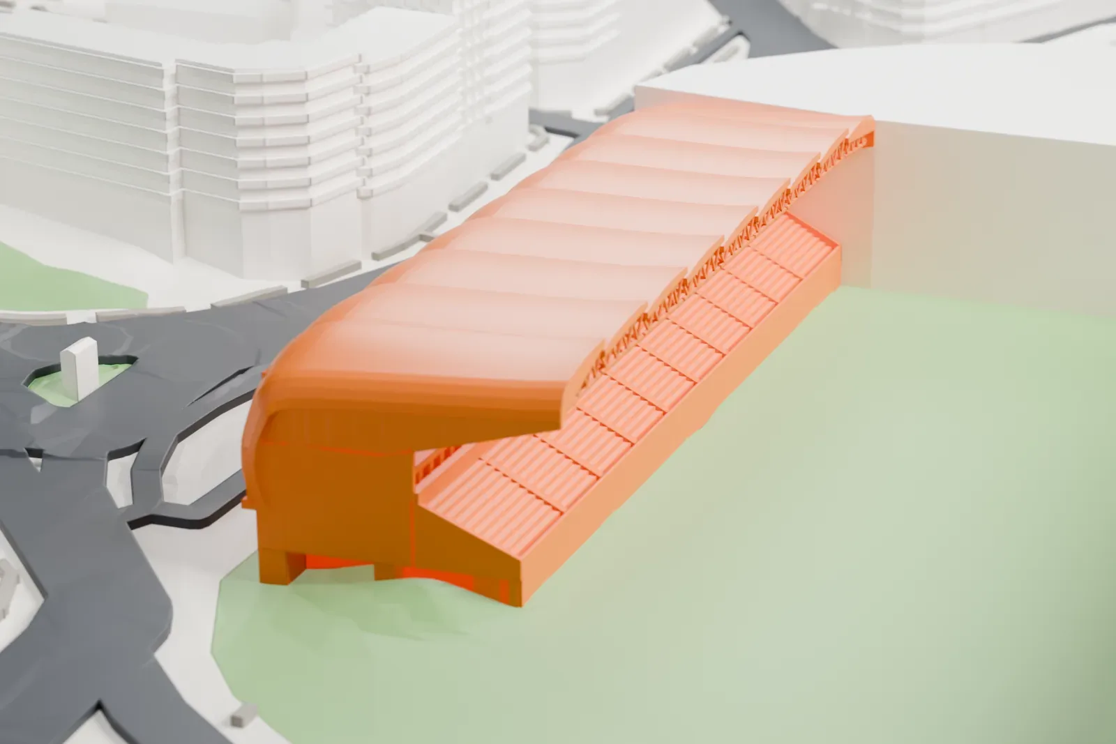 A white 3D print of the Tribuna stand at Balaídos Stadium, with a lobed aluminum skin curving over its roof, among surrounding streets and buildings.