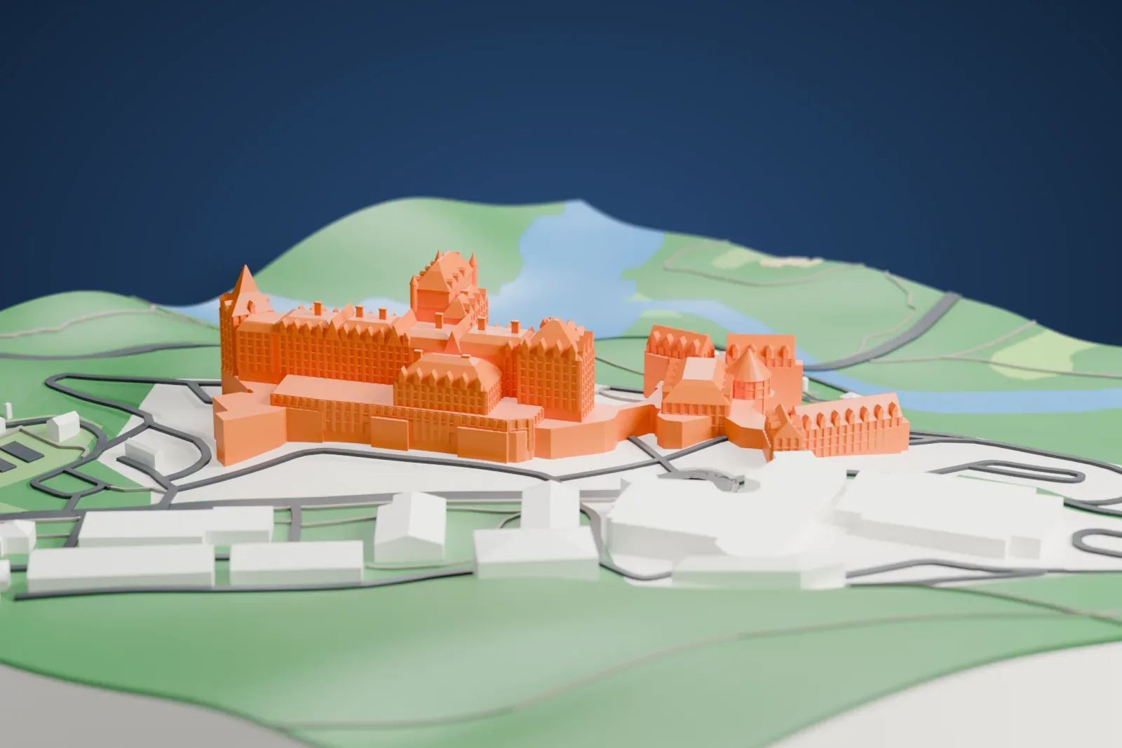 A white 3D print of the Banff Springs Hotel in Banff, Alberta, shown in its surroundings.