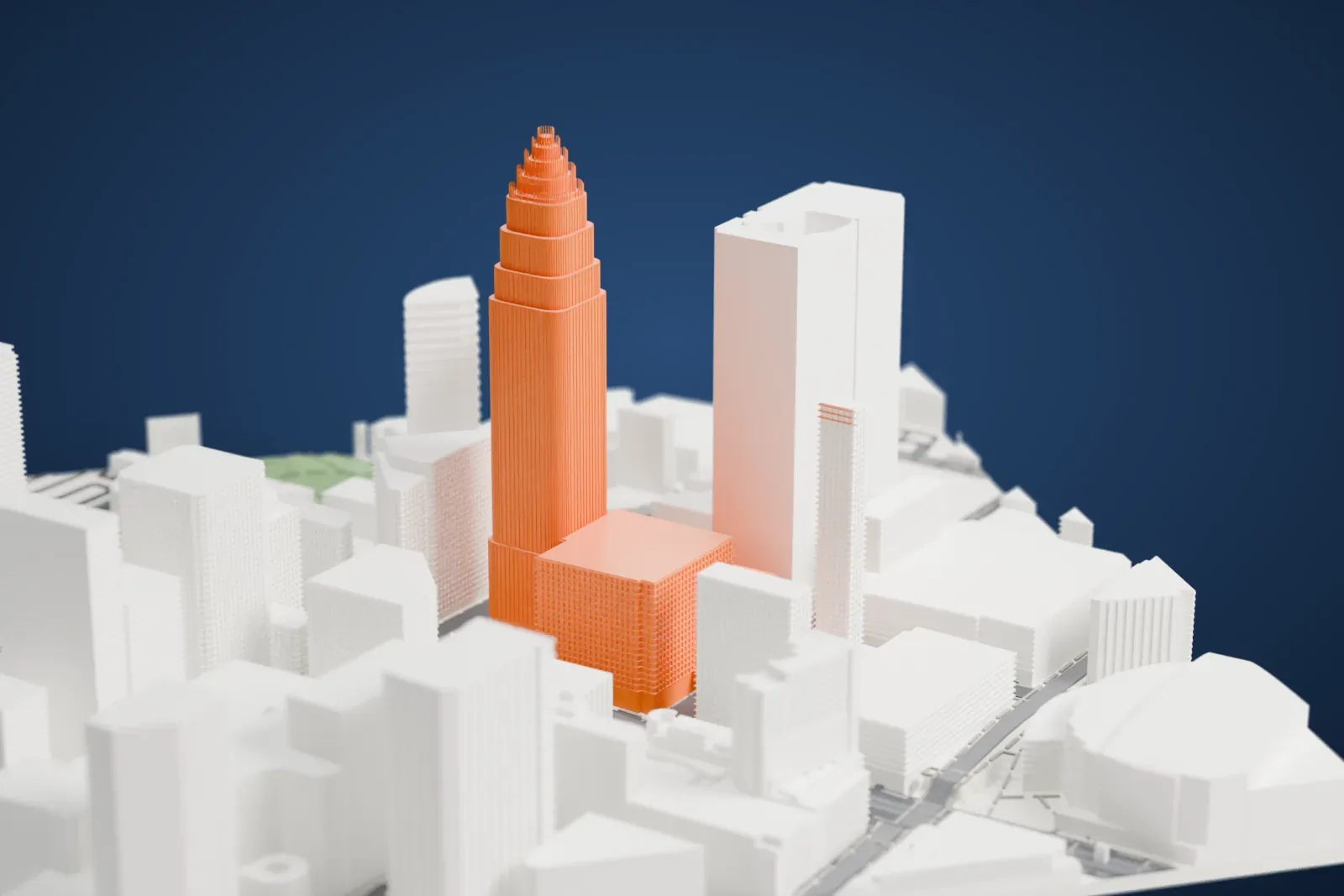 A white 3D print of the Bank of America Corporate Center, a tall ribbed tower with a stepped crown, rising above the surrounding city buildings.
