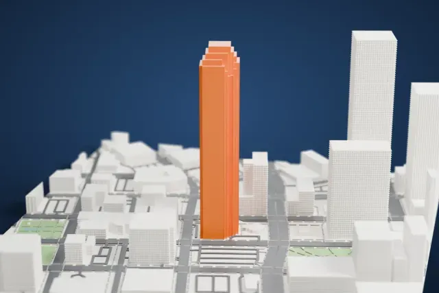 A white 3D print of Bank of America Plaza, a tall slender tower with a stepped top, rising above lower buildings, streets and small parks.
