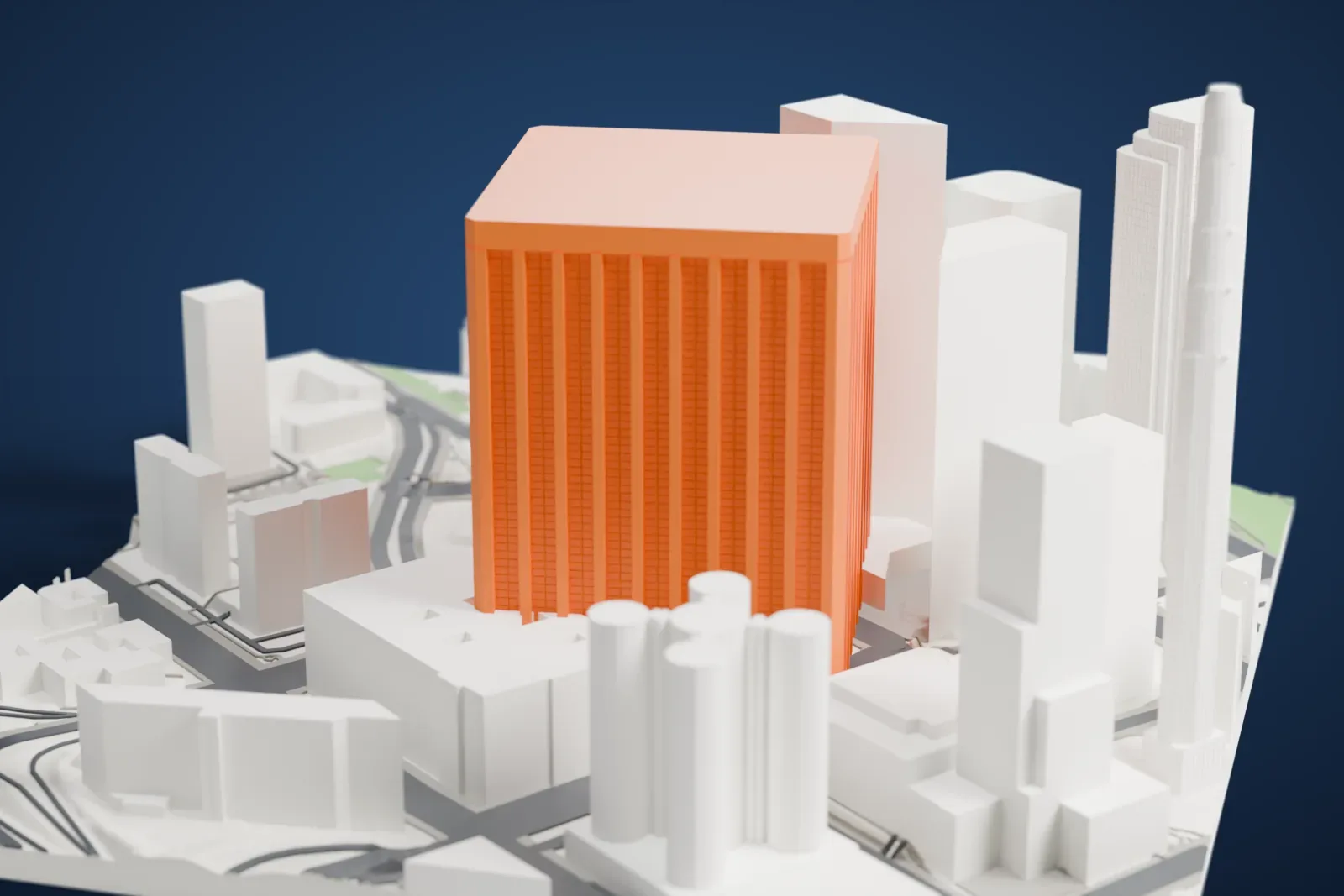A white 3D print of Bank of America Plaza on Bunker Hill, with the skyscraper rising above the surrounding streets and buildings.