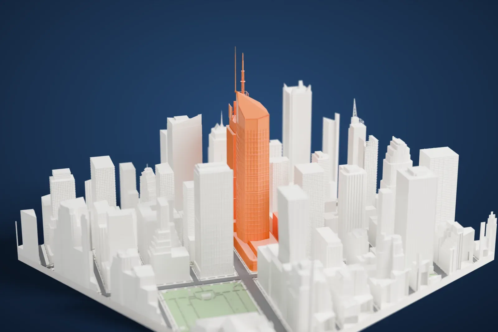 A white 3D print of the Bank of America Tower, a tall faceted glass skyscraper with a slanted crown and a thin spire, rising among neighboring skyscrapers.