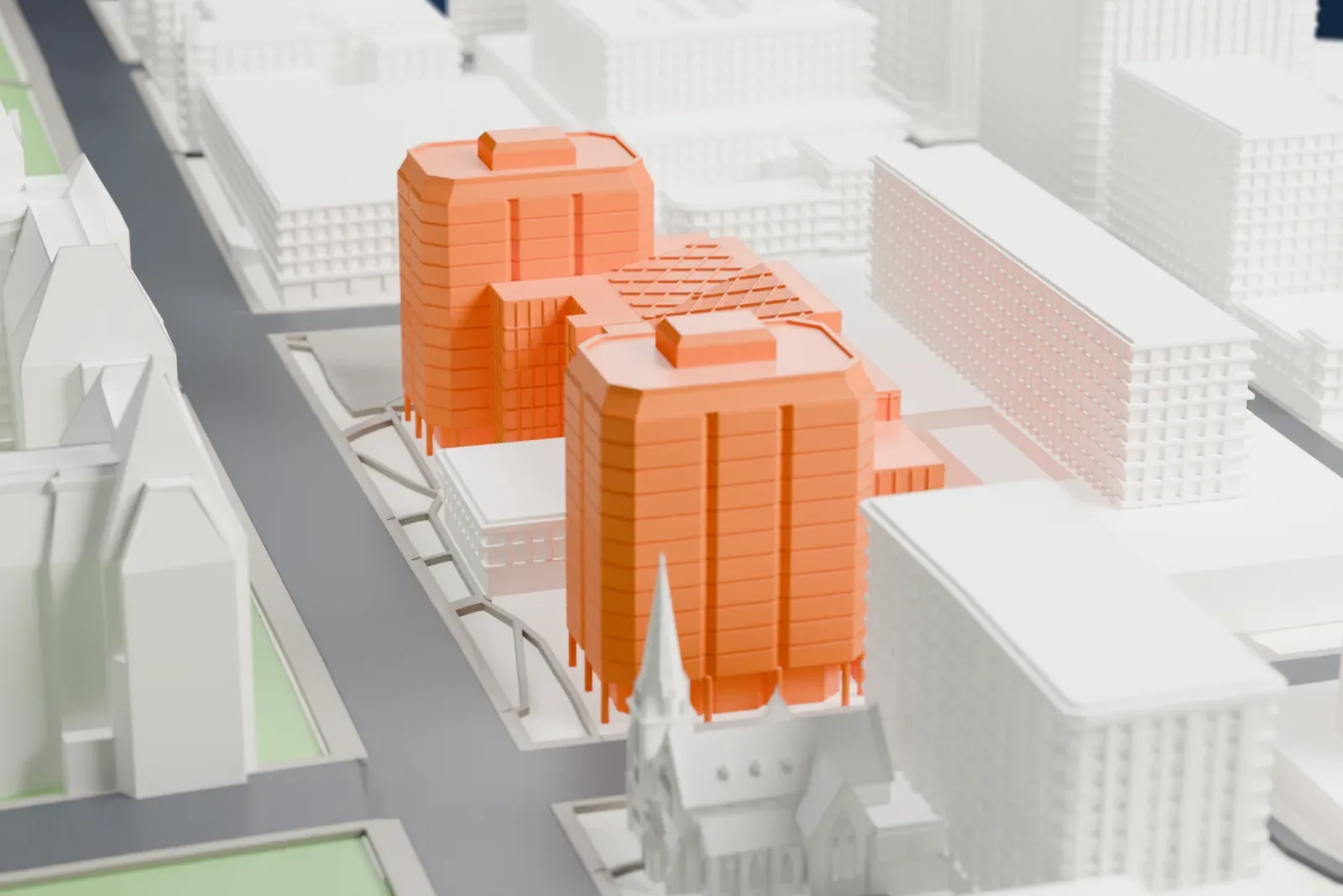 A white 3D print of the Bank of Canada Museum among the surrounding streets and buildings.