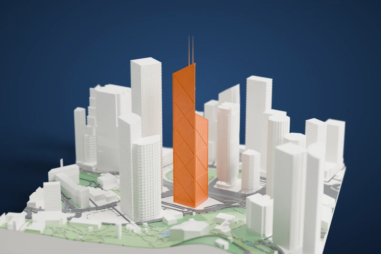 A white 3D print of the Bank of China Tower, a tall tower with diagonal triangular frames on its faces and two thin masts on top, surrounded by other tall buildings, small parks and roads.