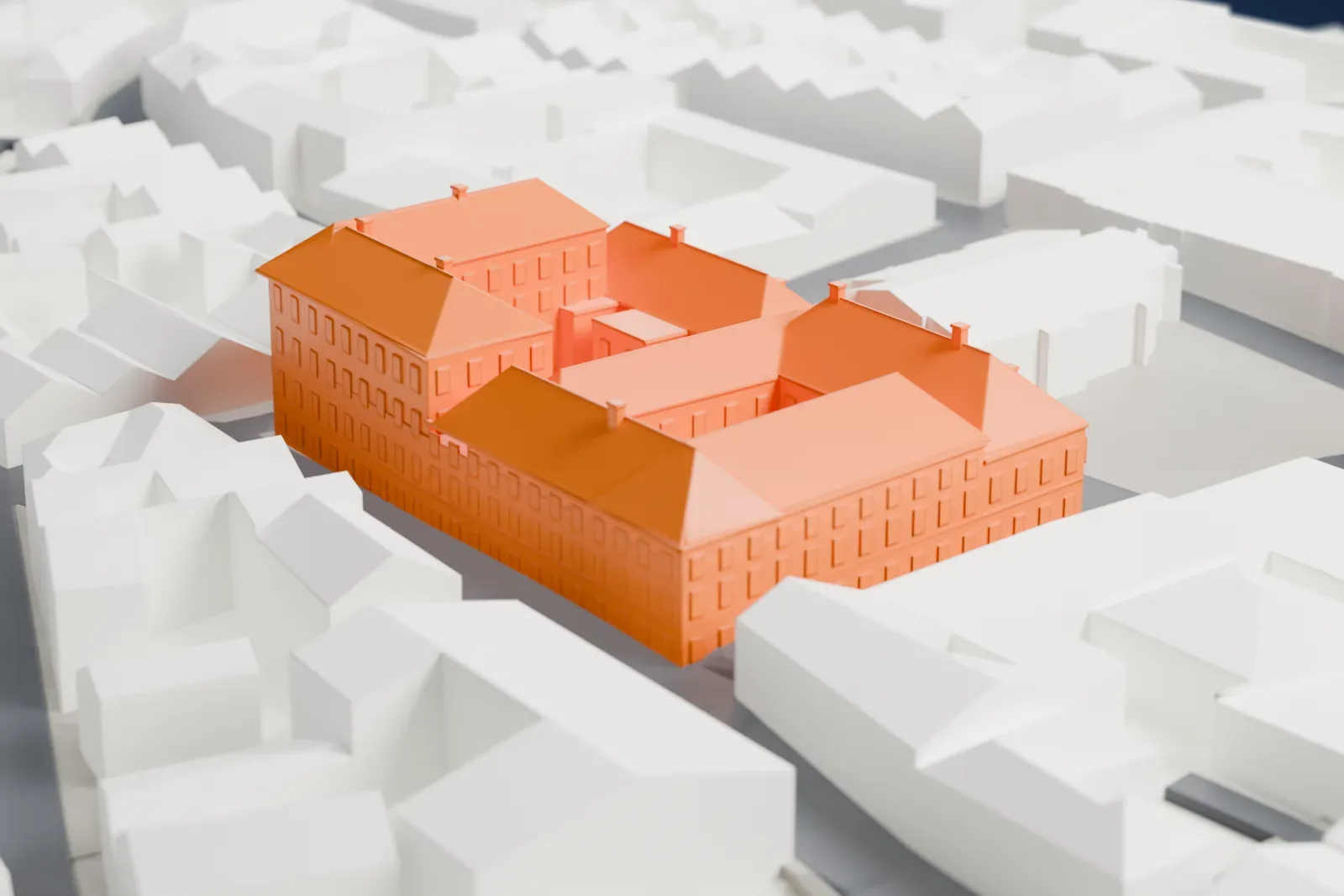 A white 3D print of Banski dvori among the surrounding streets and buildings.