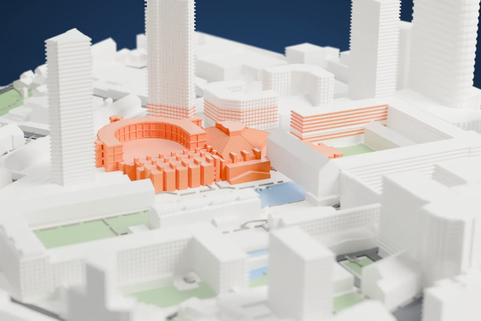 A white 3D print of the Barbican Centre, a stepped, terraced arts complex with curved glazed walls, set among tall tower blocks, low buildings and a pool of water.