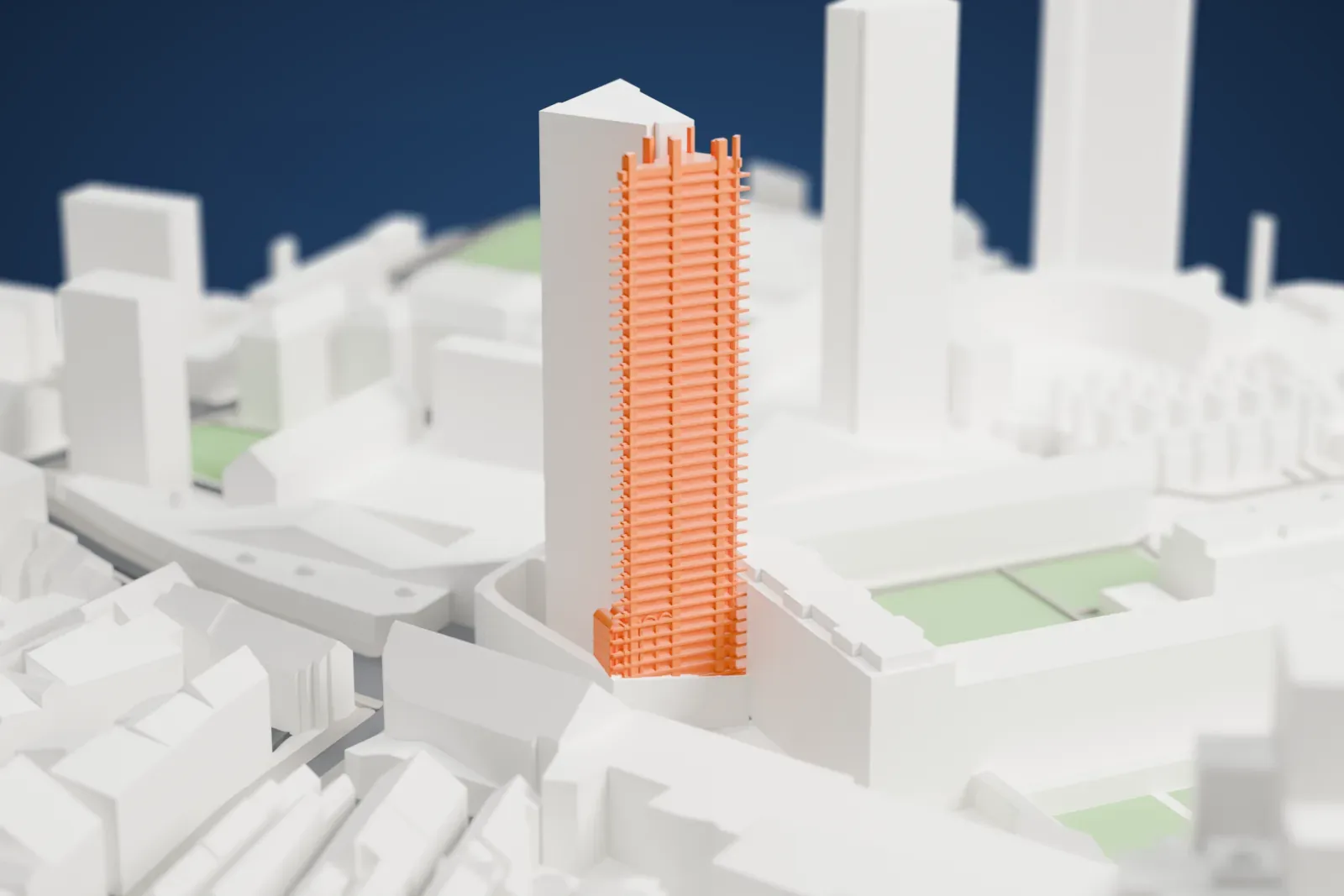 A white 3D print of a Barbican Estate tower, its ribbed concrete slab standing among the surrounding streets and buildings of the City of London.