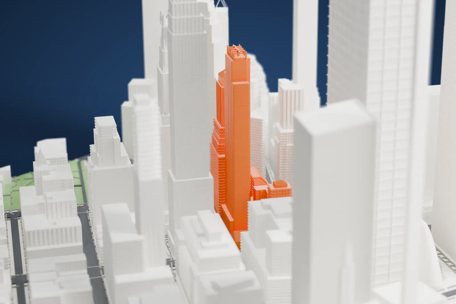 A white 3D print of the Barclay Tower, a tall tower with an open crown, standing among other skyscrapers of Lower Manhattan.