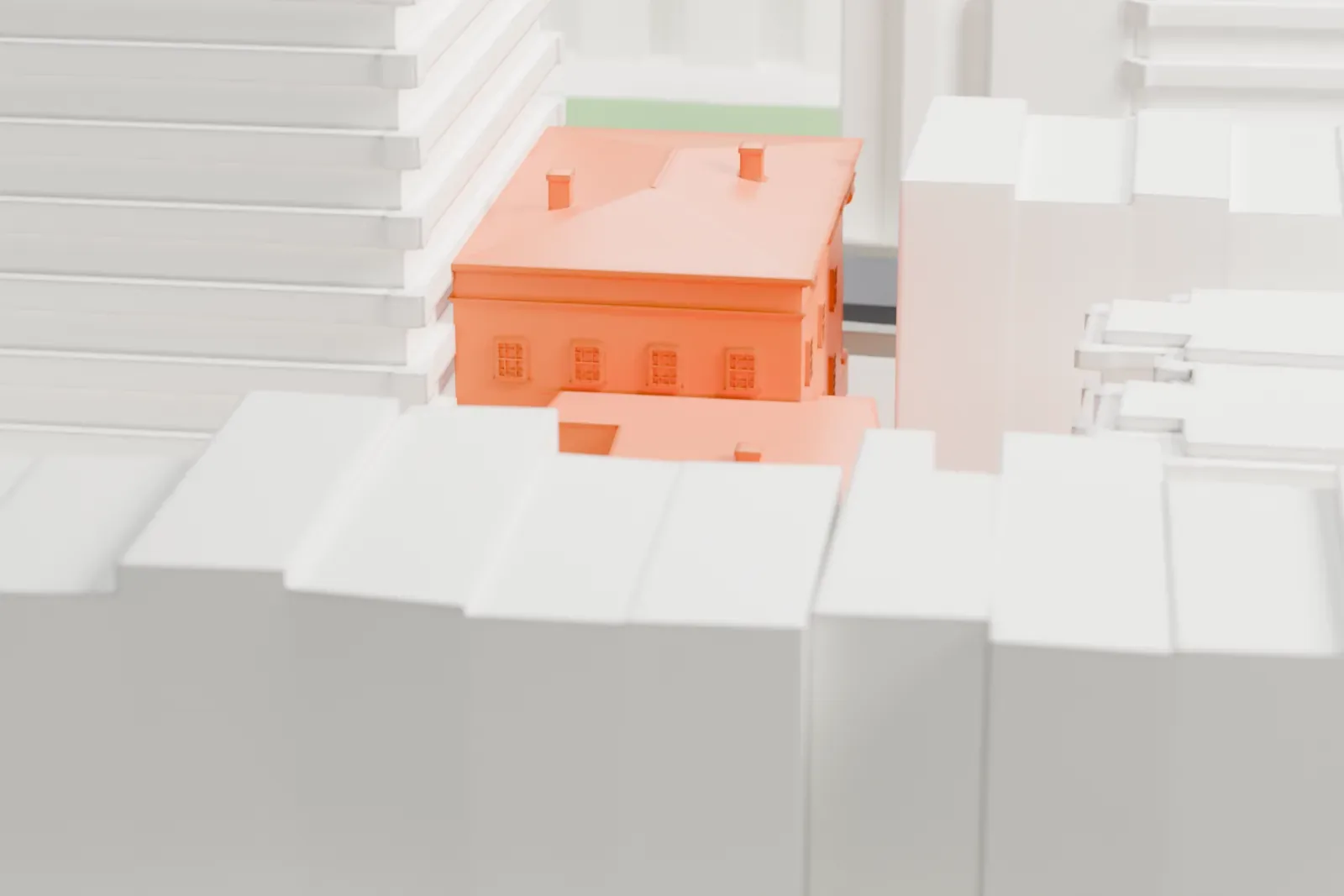 A white 3D print of the Barrow Mansion, a boxy house with a tall columned portico and a hipped roof, standing among taller buildings.