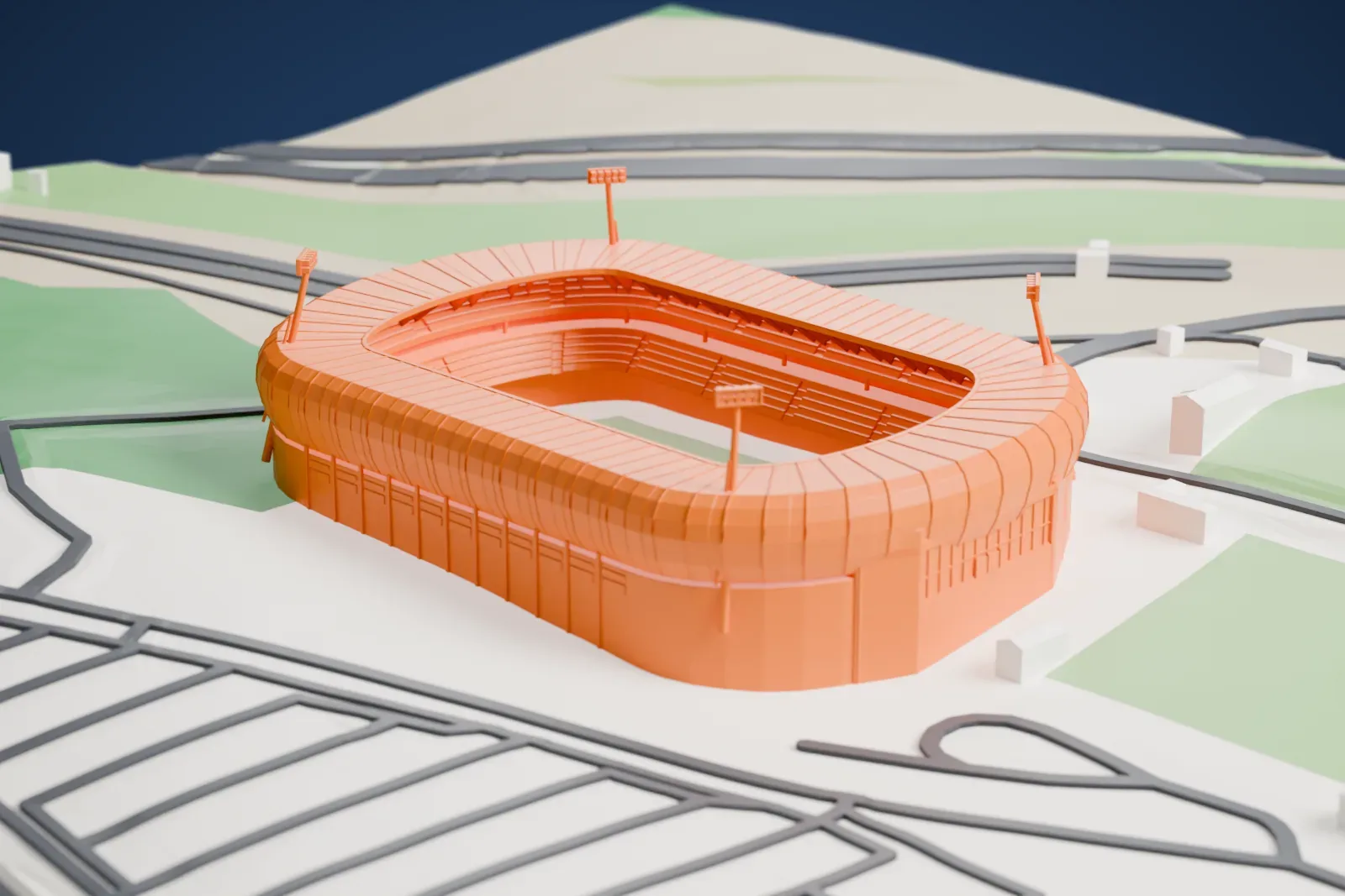 A white 3D print of the Başakşehir Fatih Terim Stadium in Istanbul, standing among the surrounding streets and buildings.