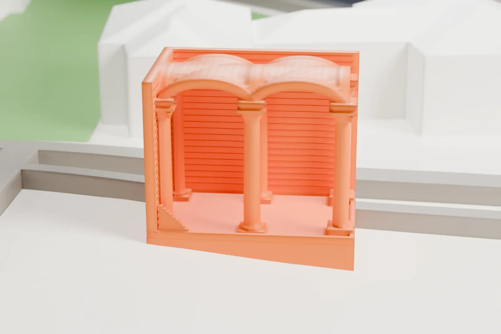 A white 3D print of the small vaulted structure at the Basilica Cistern site, set among the surrounding streets and buildings of Istanbul.